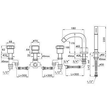 Смеситель на борт ванны Stella Aster на 5 отверстий 3256TR308, хром AT 02304 CR00