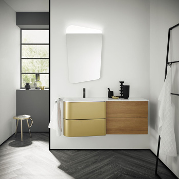 BurgBad Badu База подвесная с умыв. из минер литья 122х51х49.2см, с 1 отв под смеситель.  столешница,4 ящика, спец сифон, фасад T0015 золото, F3698 корица, умывальник слева, цвет: корица SFUG122LK0545F3698T0015C001*1