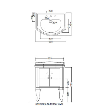 Тумба под раковину Kerasan Retro 7361 К1, база 69, 1046, черный глянцевый, ножки: черные, ручки: кристалл/кольцо-хром 7361K1