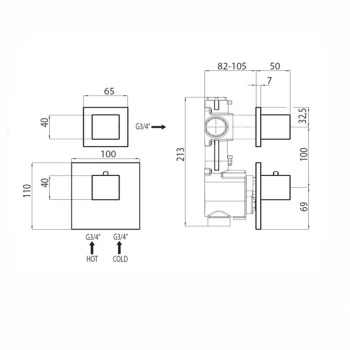 Bossini Oki Термостат для душа, встраиваемый, с девиаторм/запорным вентилем на 1 или 2 выхода, уст-к