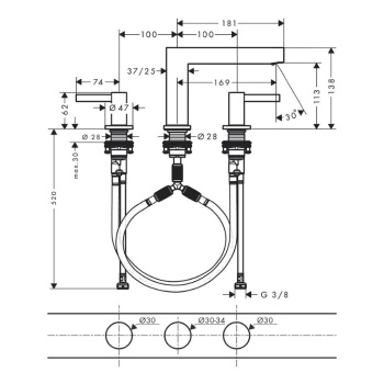 HANSGROHE FINORIS Смеситель для раковины, на 3 отверстия, 110, со сливным клапаном Push-Open, матовый черный