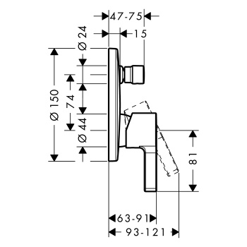 HG Metris S Смеситель для ванны, встраиваемый, переключатель вакумный, внешняя часть, с защитой EN1717, цвет: хром