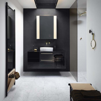 Burgbad Sys30 Комплект мебели №2, тумба с раковиной 120х54х48см., 2 ящика, ручки латунь, с зеркальным шкафом, зеркало напольное, скамья, подвесной, цвет: черный глянцевый WURY120 G0201 F2755