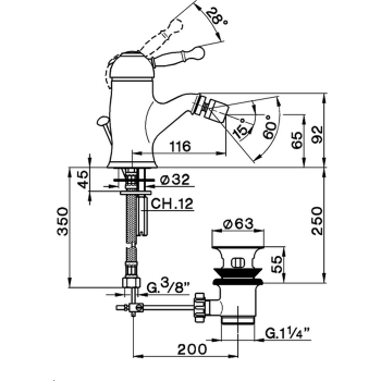 Смеситель для биде Cisal Arcana Royal однорычажный, на 1 отверстие с донным клапаном, бронза AY00055027