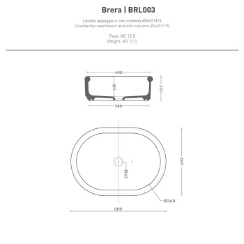 Раковина накладная Artceram Brera 60х40х15, без отв., белый глянцевый BRL003 01 00