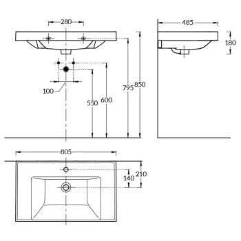 Раковина CUBO мебельная Kerama Marazzi 80x48 5x18, с 1 отв.под смеситель, с переливом, белая глянцевая CU.wb.80