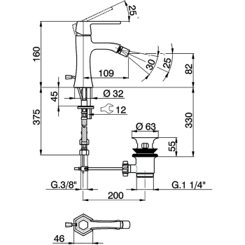 Смеситель для биде Cisal Cherie однорычажный, на 1 отверстие с донным клапаном, хром/черный матовый CH0005546T