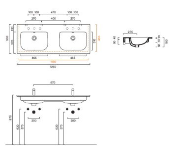 Раковина 125×50 Catalano Italy c 2 отверстиями Bianco lucido 0721272001