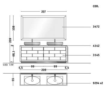 Зеркало Vitage Milldue Edition Ritz LOSANNA 2070х1080х50, с светодиодной подсветкой, рама полированная сталь, отделка Golden crash, 3472.76.STEEL