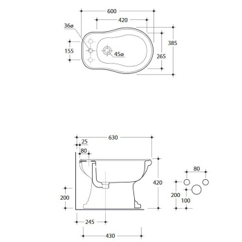 Биде напольное Kerasan Retro с 1 отв под смеситель, черный глянец 102004 nero*1