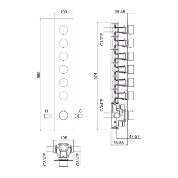 Внешняя часть вертикальная для термостатического смесителя Carimali Ilquadro с 6-ю независимыми выходами хром 21069EST-CR