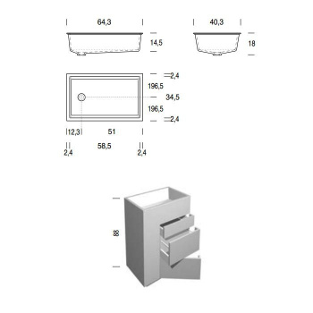 Тумба с раковиной Noorth Milldue Edition Touch 640х400х880, напольный, 3 ящика, слив в пол, раковина Milltek белая матовая, отделка Abete, 370893