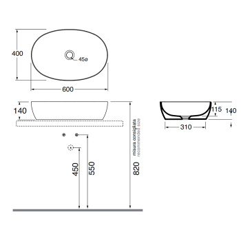 Раковина накладная Azzurra Elegance Circle 60х40х14см без отв. под смеситель, без перелива., cacao ELLA060400C0CC*0