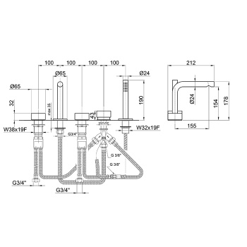 Смеситель на борт ванны Fantini Af/21 5 отв., с ручн душем, излив 155, Matt Copper PVD 27 P9 A265