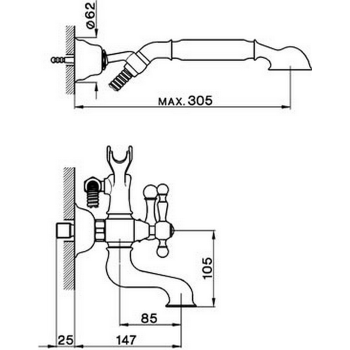 Смеситель для ванны Cisal Arcana America настенный, с ручной лейкой, держателем и шлангом, бронза AA00012027