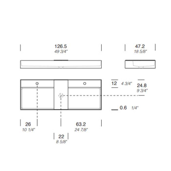Раковина Milldue MAN 126 накладная из CRISTALPLANT ,126,5х47,2, с 2 отв для смесителя, белый матовый 2467*2 Bianco Opaco