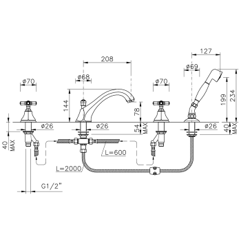 Смеситель на борт ванны Nicolazzi Teide Foure на 4 отв., излив: 223 мм, с ручным душем, хром 1904CR45