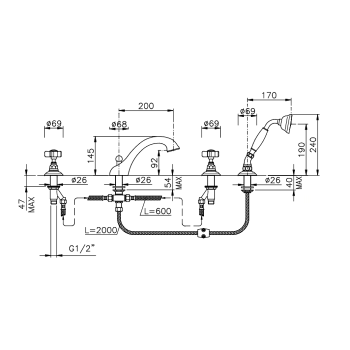 Смеситель для ванны Nicolazzi Dames Anglaises на 4 отверстия, с переключателем, изливом 200мм и ручным душем, хром 1404CR18
