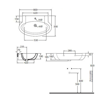 Раковина подвесная Azzurra Comoda 1 отв. под смеситель 80х50см, белый CMLS08050T0MBI/(COM 80/S bi)*1