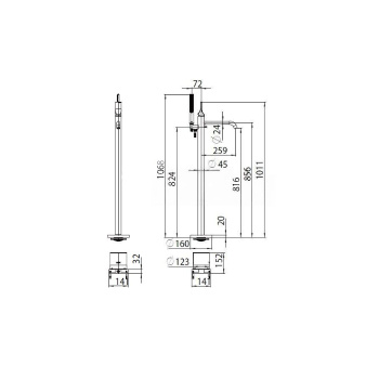 Смеситель для ванны Bossini APICE напольный. однорычажный. излив 259 мм.. ручной душ. внешняя + внутренняя часть. цвет хром