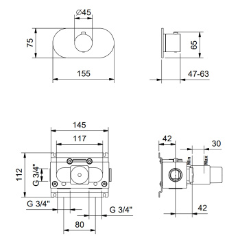 Смеситель настенный встраиваемый Fantini Fontane Bianche термостатический, Matt Gun Metal PVD 47 P5 P300B