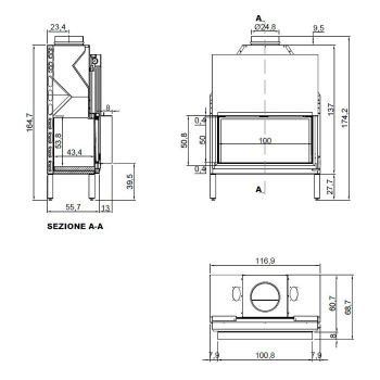 Камин дровяной Antonio Lupi Piano Fuoco 212.4/100.8х32х69.2, встраиваемый в стену, дверца выдвижная из керамического стекла, рама из камня Basalto А0002456837