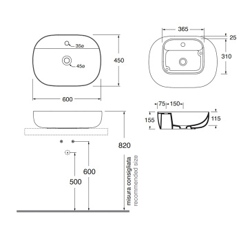 Раковина накладная Azzurra Comoda 60х45х15см с 1 отв. под смеситель, carbone/coal ELLA060450ZMCA/(ZIP60 M/CA)*1