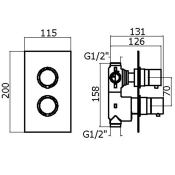 Смеситель термостат встраиваемый для душа Plumberia Selection Ixo 2 выход в к-те со встраив.частью, накл. из нерж.стали, черный матовый, XOT5020NO