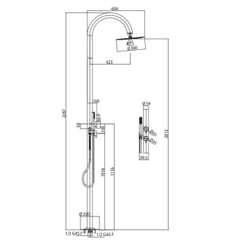 Bossini Tetis Душевая колонна напольная, h2285 мм, верхний душ Ø300 мм, 2 прогрессивных смеси
