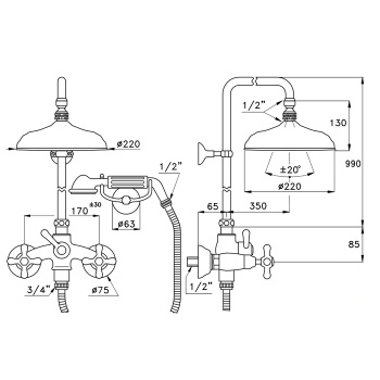 Душевой комплект Stella Roma 3284/301/314A-220: смеситель, штанга+ручной+верхний душ 220 хром RM 02512 CR00
