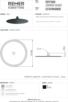 Верхний душ Remer с шарнирным соединением Ø 40см черный матовый (NO) 357UFM40NOX