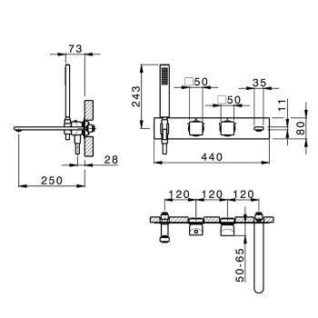 Смеситель для ванны встраиваемый Cisal Hi-Rise настенный, термостатический, с изливом и ручным душем, внешняя часть, хром RI01944021
