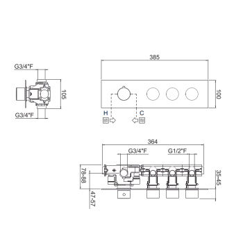 Внешняя часть горизонтальная термостатического смесителя Carimali Iltondo на 3 потребителя. Квадратная пластина и круглые ручки, хром 21039EST/O-CR