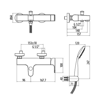 Смеситель для ванны ручка справа с душевым набором Gattoni H2omix1000 шланг 1500, ручной душ, кронштейн, хром 1000/10С0cr