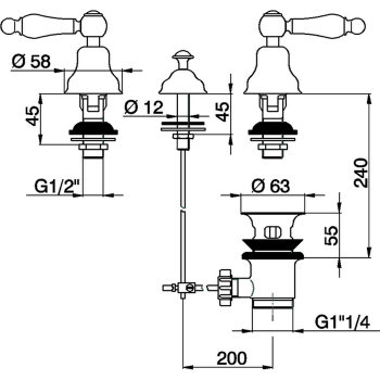 Смеситель для биде Cisal Arcana Toscana на 3 отверстия без излива, с донным клапаном, хром/белый TS00121021