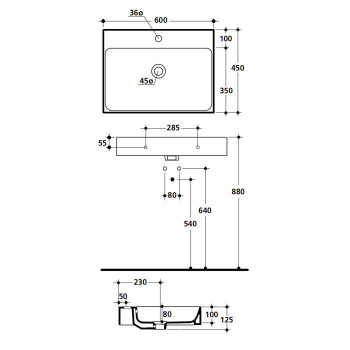 Раковина Kerasan Cento 600х450 , с 1 отверстием для смесителя, с переливом, черный матовый 353131