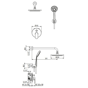 Комплект для душа Gattoni H2omix7000 на 2 выхода, руч душем 6386/PD с держ. и верхним душем 250, хром 7009070C0 (KTH715/PDC0)