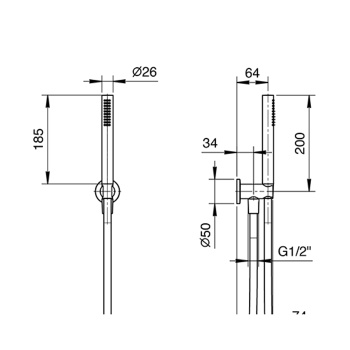Душевой набор Fantini Milano вывод воды 1/2", шланг 150 см, ручная лейка FIT, держатель для лейки, матовая натуральная сталь 86 93 8093