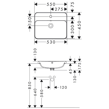 HG Xuniva Q Раковина встраиваемая 550х450 с отверстием под смеситель и переливом, белый