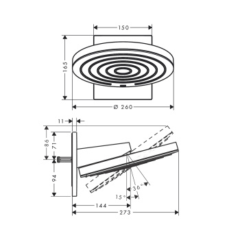 HANSGROHE PULSIFY Верхний душ Ø260 мм., с настенным креплением, 2 режима, внешняя частьдля монтажа требуется Ibox),, цвет белый матовый/графит
