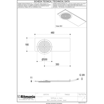 Верхний душ Ritmonio Shower DOT316 480х180 мм из стены нержавеющая сталь 75A022INOX