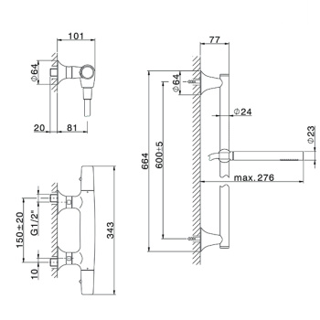 Комплект для душа Cisal Vita термостат+ душевой гарнитур штанга L=664мм, шланг и ручной душ 1 режим, хром VIS0101021
