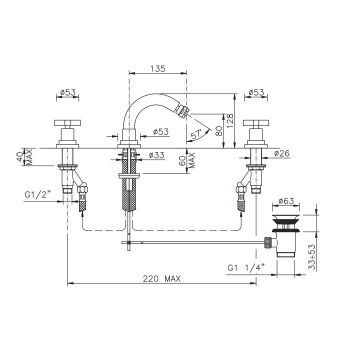 Смеситель для биде Nicolazzi Mac Kinley 05 на 3 отверстия, с 2мя ручками, излив: 135мм, хром 2215CR29