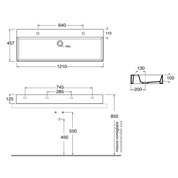 Раковина подвесная Azzurra Elegance Squared 122х45см c 2отв. под 2 есителя, белый ELLP122450QDBI*2