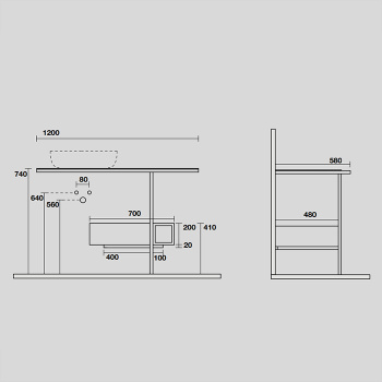 Структура металлическая напольная Kerasan Thelma 120х74, нерж сталь, с полкой,ящиком, с отв под раковину,полотенц, белый мат/черный матовый 9323k4