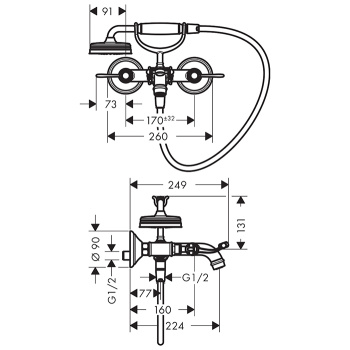 Axor Montreux Смеситель для ванны, настенный, с ручным душем, ручка: рычаг, цвет: шлифованная медь 1