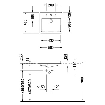 Duravit Vero Раковина  встраиваемый для встраивания сверху, с перел., с 1 отв. под смес., 500x465мм, Цвет: Белый