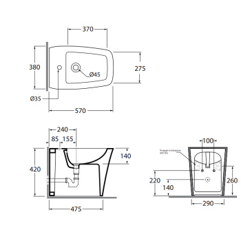Биде напольное приставное Azzurra Hera 57х38х42, с 1 отв под смеситель, с крепежом, белый HEBIT000000MBI*1