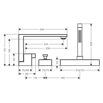 Axor Edge Смеситель на борт ванны, на 3 отв., с ручным душем, излив 210мм, цвет: черный 46430330