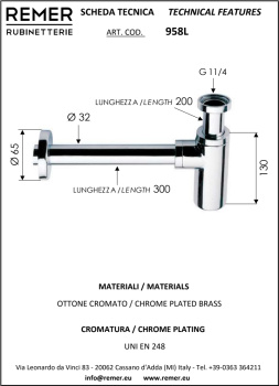 Сифон Remer 1”1/4 без выпуска латунь хром цилиндр h130 958L